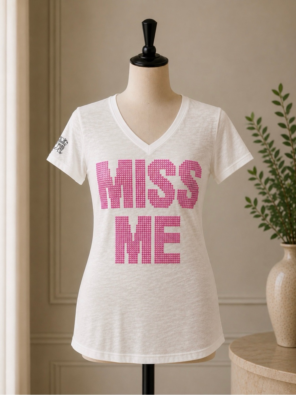 White V-Neck Tee with Pink "MISS ME" Graphic